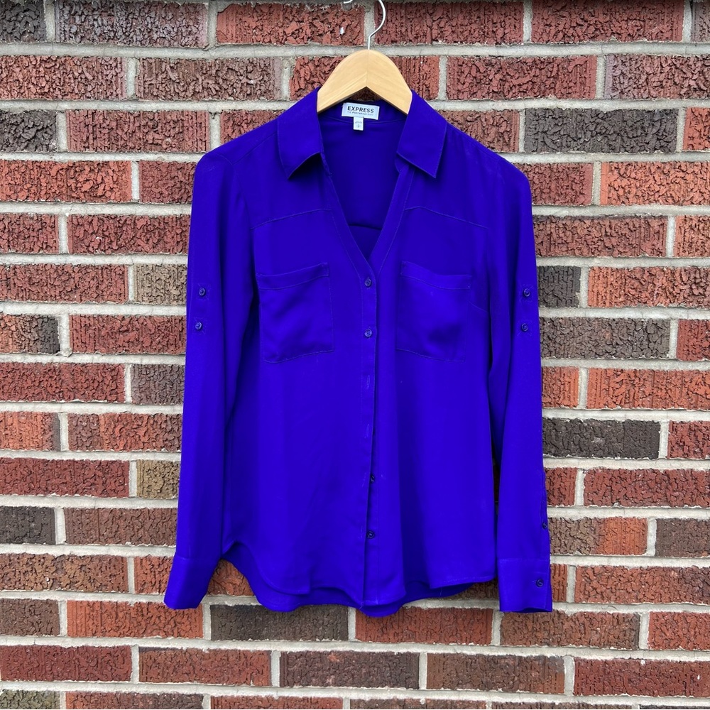 Express Royal Purple The Portofino Shirt Chiffon Button Down Shirt Top